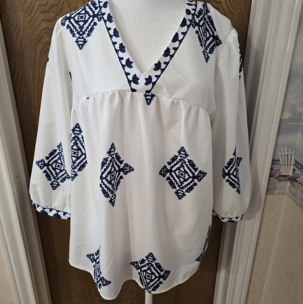 SHEIN White and Blue Blouse